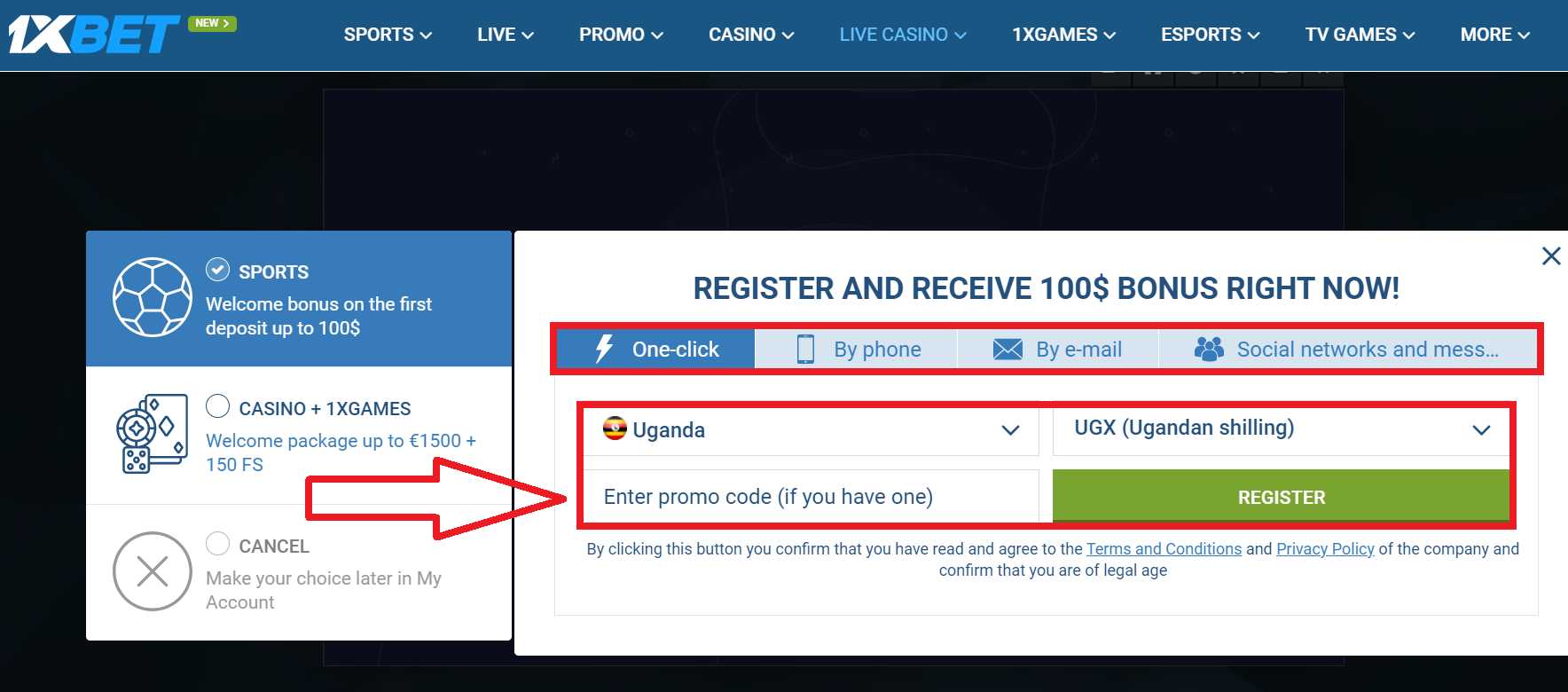 Username and password for 1xBet login